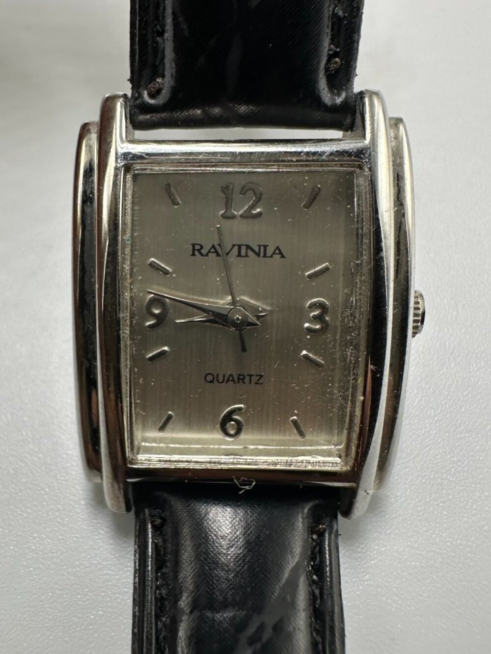 3/$30 Ravinia Watch Women Silver 21MM Rectangle Case Black Leather Band 7.5"